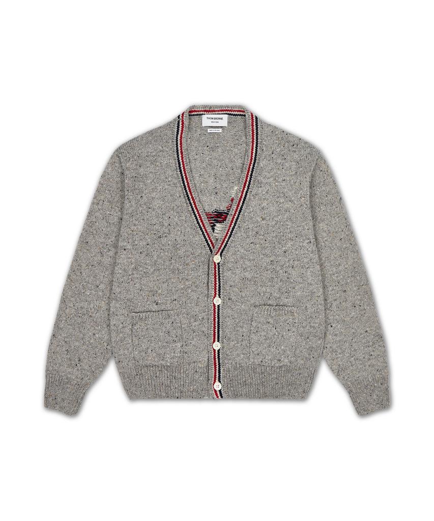 Thom Browne Donegal Rwb Striped Hector Patchwork Jersey Intarsia V-Neck Cardigan - Light Grey / Mkc647Ay1506055