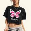 Creative Pink Butterfly Prints Washed T-Shirt Women Casual Cotton T Shirts Soft Crewneck Short Sleeve Fashion Tops
