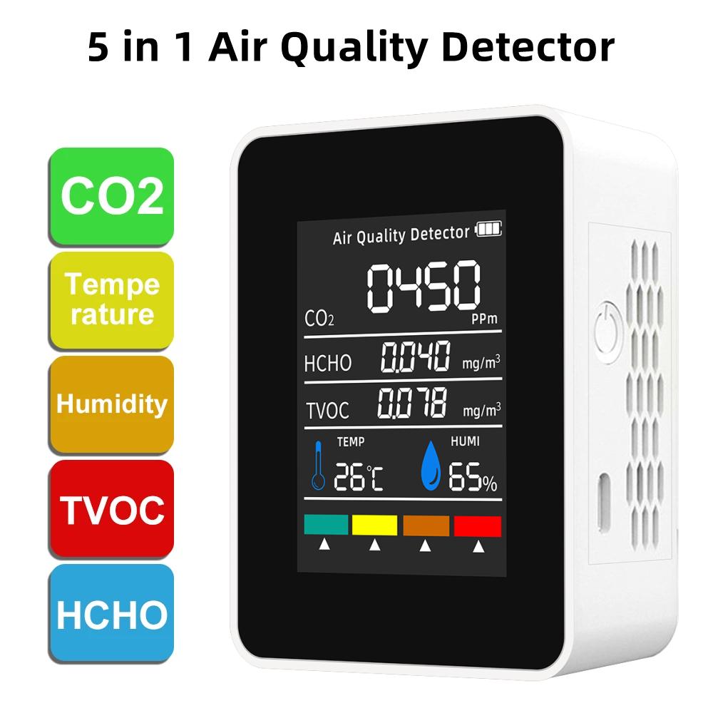 5 In 1 Carbon Dioxide Detector LCD Digital Air Quality Detector CO2 HCHO TVOC TEMP HUMI Monitor Semiconductor CO2 Tester