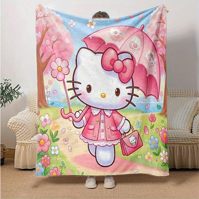 1pc Hello Kitty in a Pink Garden Blanket, Seasonal Universal Home Decorative Throw Blanket, Living Room, Travel, Camping, Car Blankets, Beach, Office
