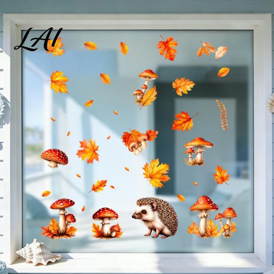 Static Window Film 2PCS Autumn Hedgehog Clings Fall Maple Leaf Mushroom Glass Stickers Clings No-Adhesive Decals for Home Store Coffee Shop