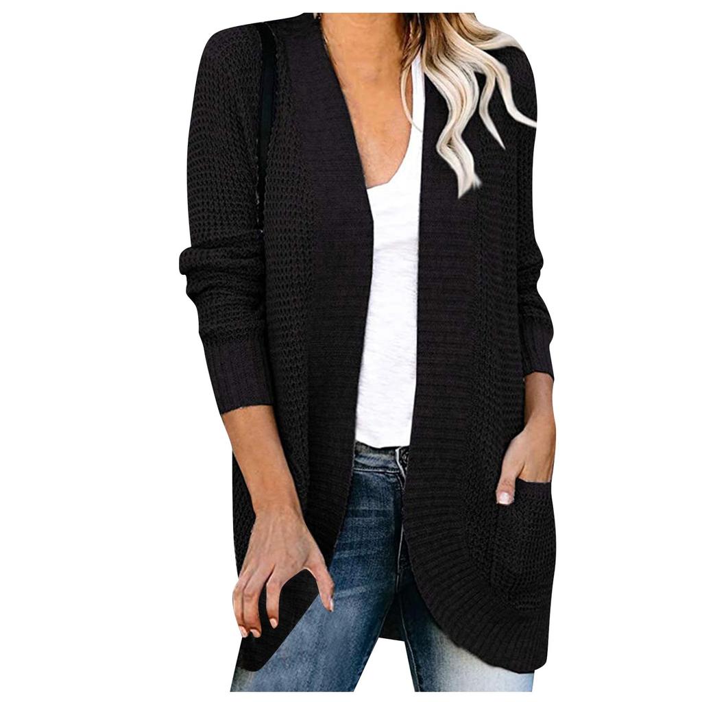 Женский повседневный свитер, однотонный свитер средней длины с длинными рукавами, женское пальто