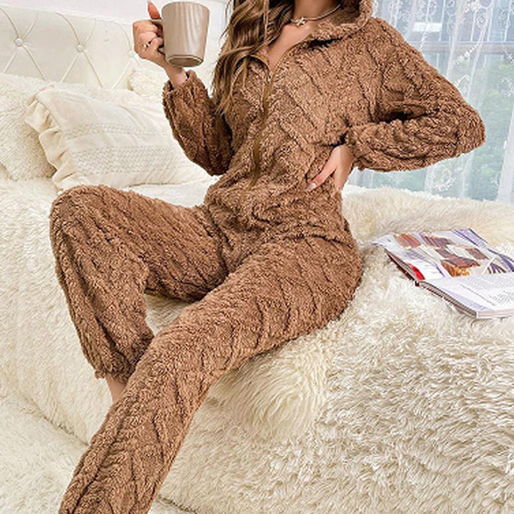 Женская мода Однотонная плюшевая домашняя одежда Повседневный комбинезон с капюшоном на молнии и длинными рукавами Пижама