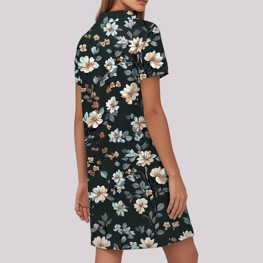 Women's Casual Fashion Lapel Floral Print Dress Short Sleeve V Neck Short Skirt