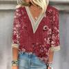 Женская рубашка, блузка, повседневные свободные рубашки, рукава 3/4, кружевные топы с v-образным вырезом и принтом, топы с принтом, футболки, футболки