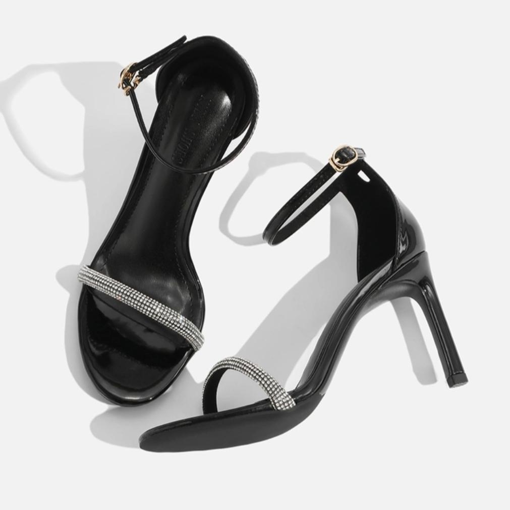 Босоножки на высоком каблуке с открытым носком и стразами, летняя женская обувь