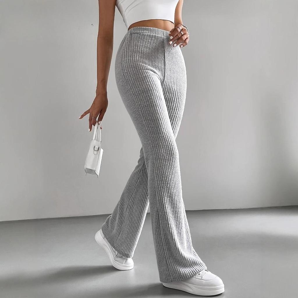 Womens Bell Bottom Pants  Casual Elastic Waist Trousers Solid Color Ribbed Knit Flare Pants
