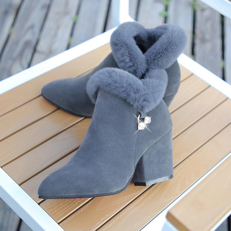 Модные женские меховые зимние теплые остроносые ботильоны сексуальные украшения из страз женские ботинки на молнии удобные женские туфли