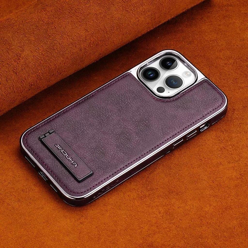 Bracket Holder Aluminum Lens Leather Case For iPhone 17 Pro Max 16 Air 15 Plus 14 Pro 13 12 11 Electroplated Bumper Phone Cover