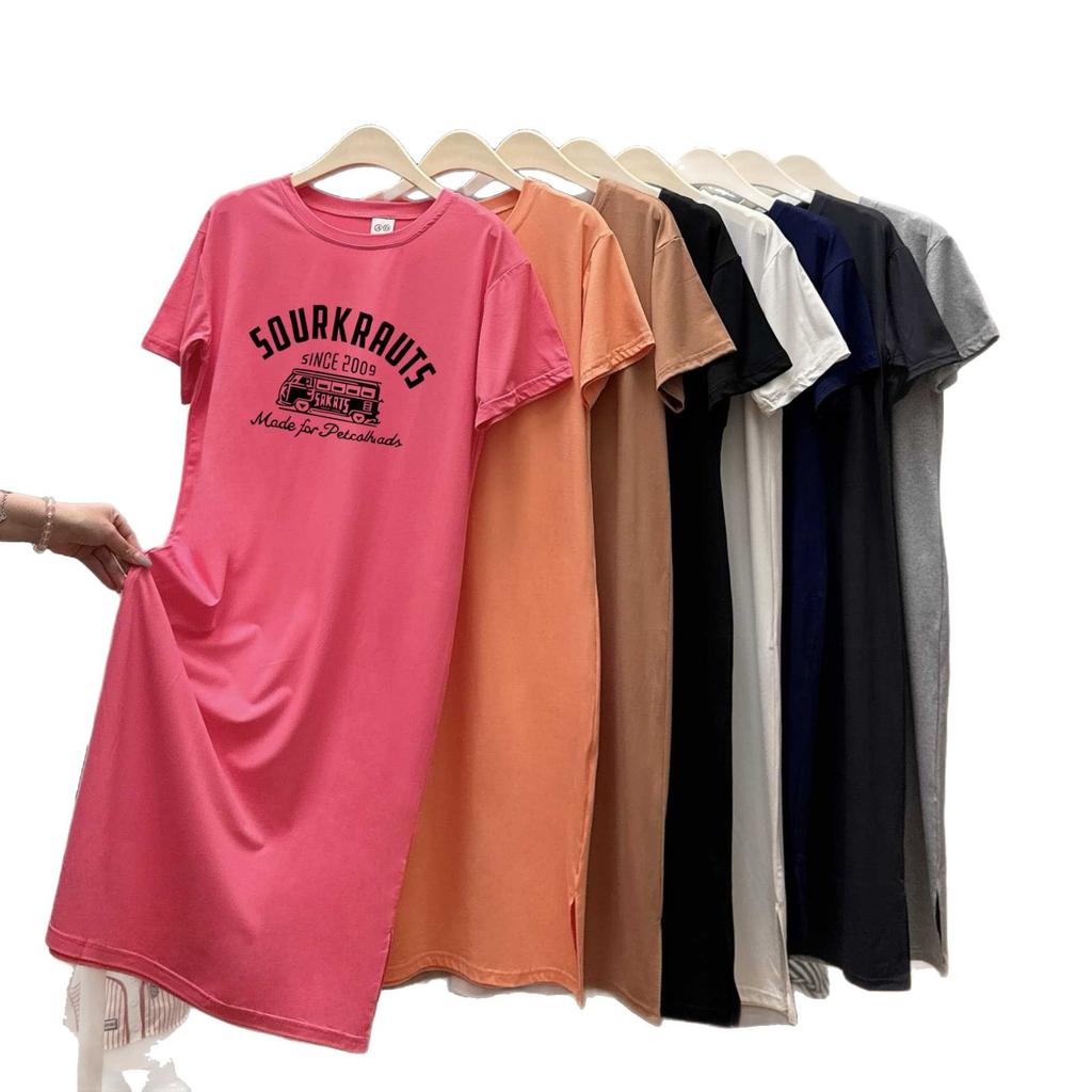 Новое платье с коротким рукавом свободного кроя, повседневное платье-футболка до колена, универсальное длинное платье средней длины, стройнящее для женщин летом