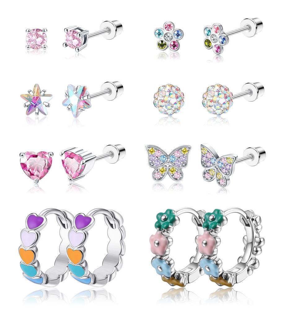 16pcs Hypo Allergy Screw Back Earrings 316L Stainless Steel Heart CZ Flower Butterfly Screw Stud Earrings Cute Hoop Earrings Set 20G for Women