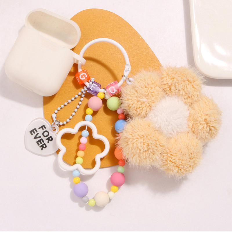 Lovely Plush Flower Keychain Creative Colorful Bead Chain Keyring For Girls Cute Backpack Pendant Bag Decoration