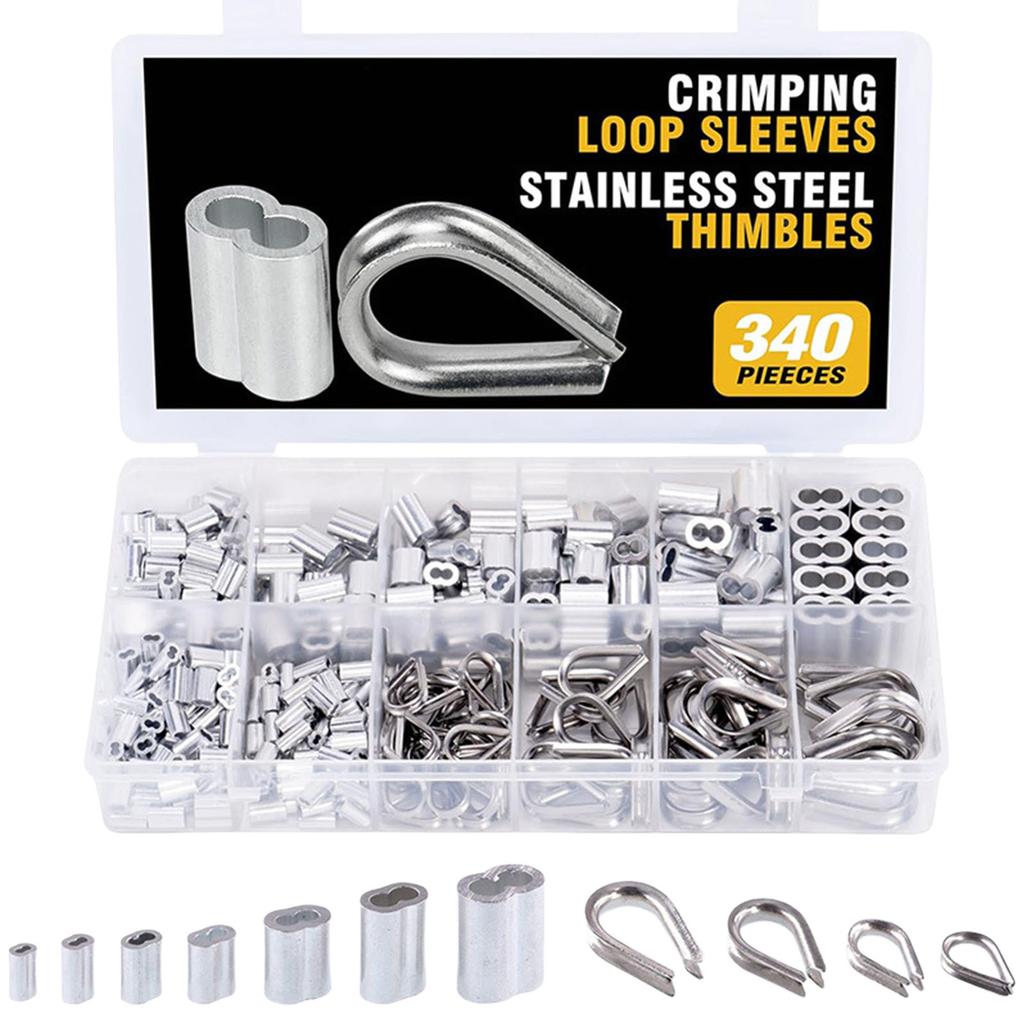 Aluminum Crimping Loop Sleeve 340pcs Cable Ferrule Wire Rope Sleeves Loops Sleeve Assortment Set