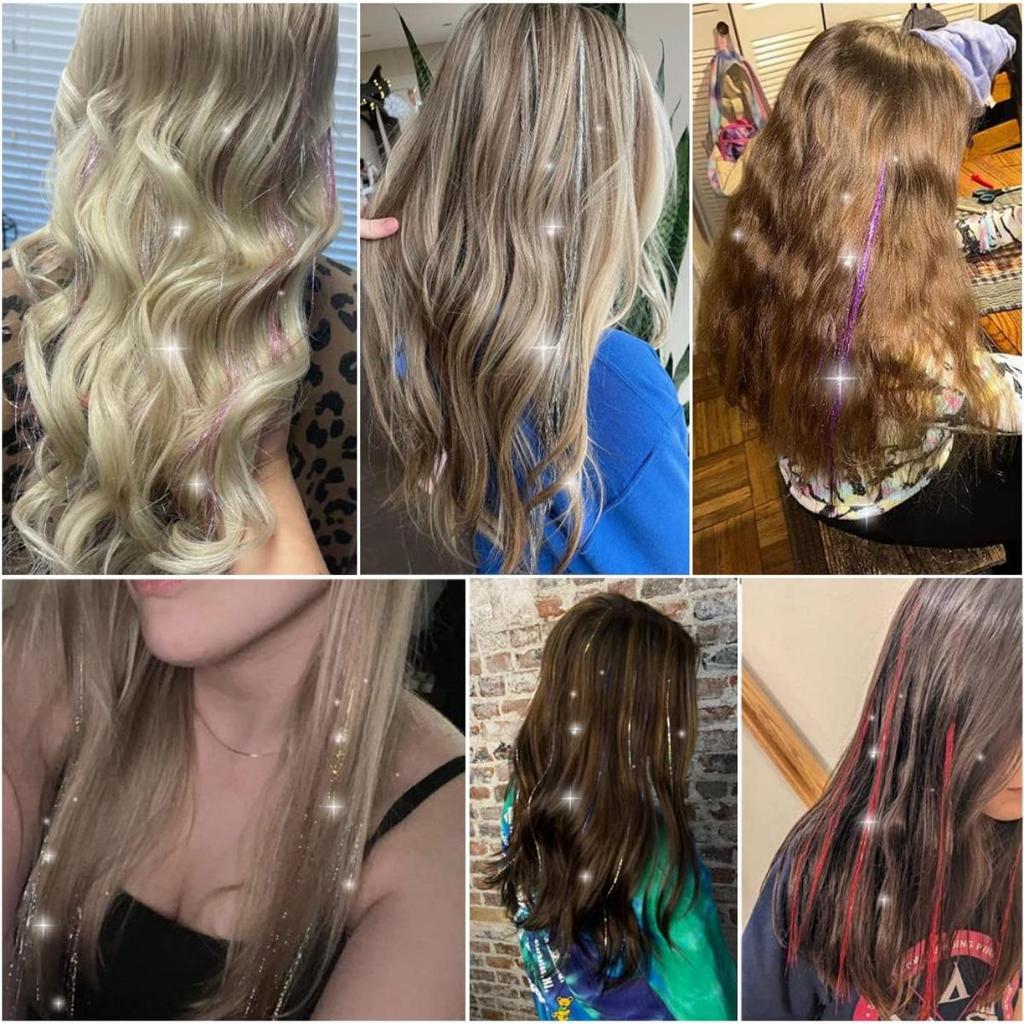 Набор мишуры для волос с инструментами Мишура для волос Термостойкий набор мишуры для волос феи Наращивание волос 47 дюймов 1100 прядей Блестящая мишура