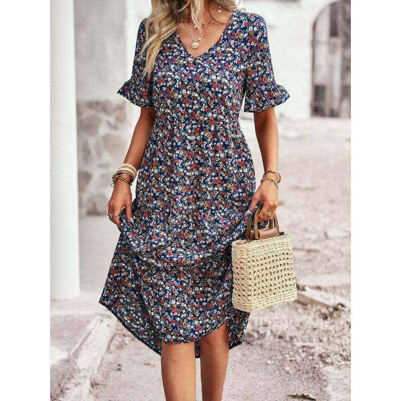 Summer Women V Neck Elegant Printed Short Sleeve High Waist A Line Floral Holiday Dress