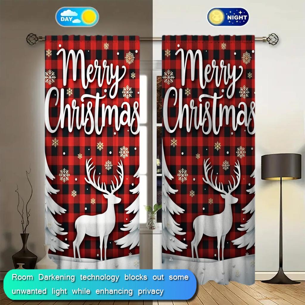 2pcs Christmas Reindee Printed Curtain for Christmas Home Decor - Rod Pocket Window Treatment for Bedroom  Office  Kitchen
