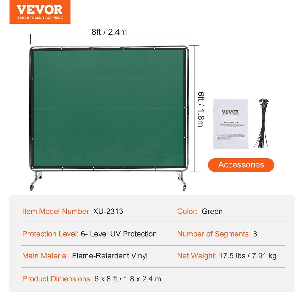 VEVOR Welding Screen with Frame, 1.83 x 2.44 m Welding Curtain Screen