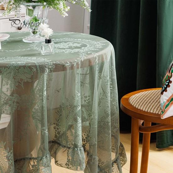 Retro Table Cloth See-through Hollow Out Lace Romantic Style Round Shape Ruffle Floral Embroidery Table Protection Banquets Party Decoration