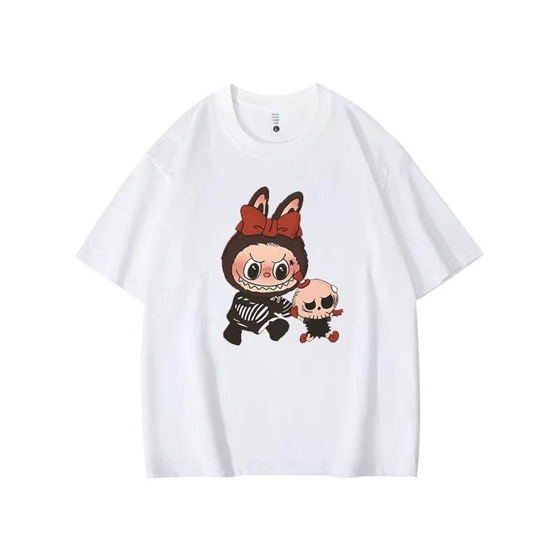 Летний топ с круглым вырезом и принтом с узором Лабубу, модная повседневная женская футболка с коротким рукавом из чистого хлопка