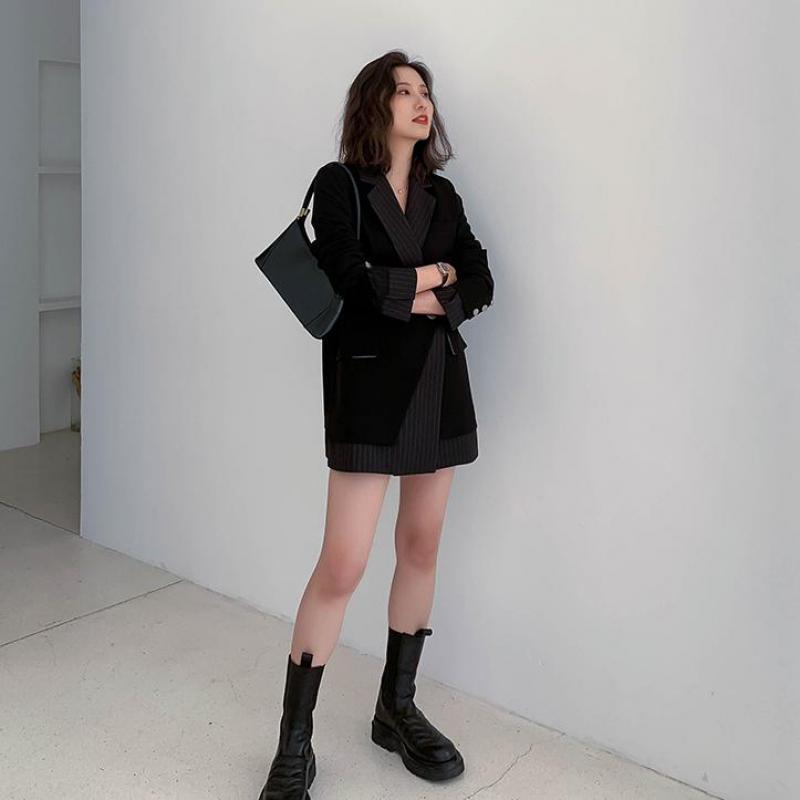 Осенние полосатые вышивки, поддельные женские пальто из двух предметов, модный дизайн, черный пиджак, одежда, повседневная свободная одежда