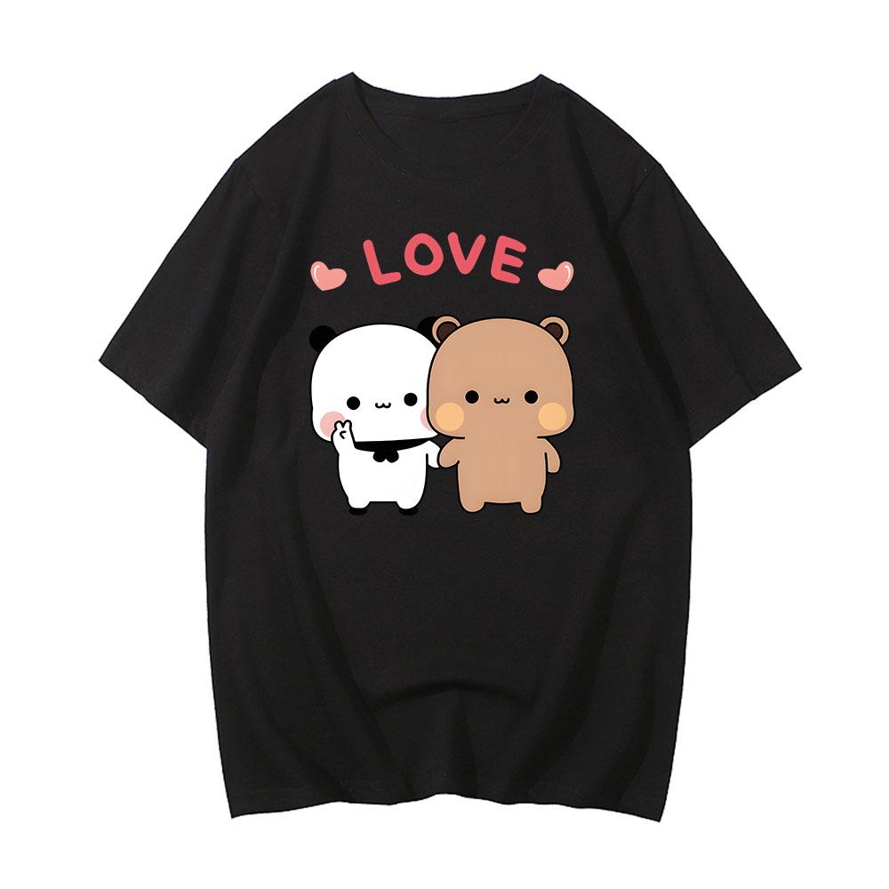 Kawaii Bear Panda Bubu и Dudu Футболки «Держись за руки с любовью» Футболка из 100% хлопка Футболки с короткими рукавами для девочек с принтом О-образным вырезом Симпатичные футболки Повседневные