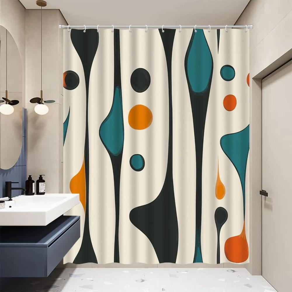 Black Beige Teal Printed Shower Curtain Abstract Geometric Fluid Shape Modern For Bathroom Decor