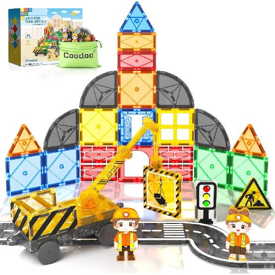 Kids Games Magnetic Tiles Road Set with Extendable Magnetic Crane, City Construction Building Toys for Toddlers STEM Preschool Ages 4-6 5-7, Gifts