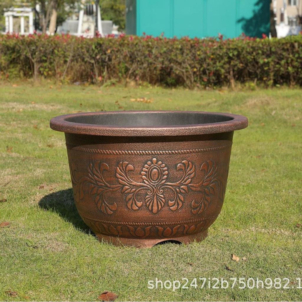Large Round Imitation Copper Resin Flower Pot for Outdoor Trees and Water Lilies