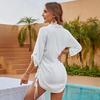 Women Beach Cover Up Lapel 45720 Sleeve Side Drawstring Pullover Tops