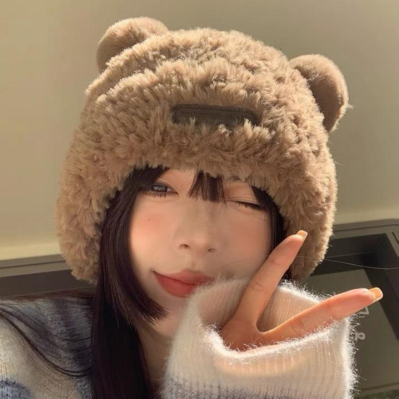 Милая шерстяная шапка с мишкой женская зимняя плюшевая теплая пушистая осенне-зимняя шапка вязаная для большого обхвата головы