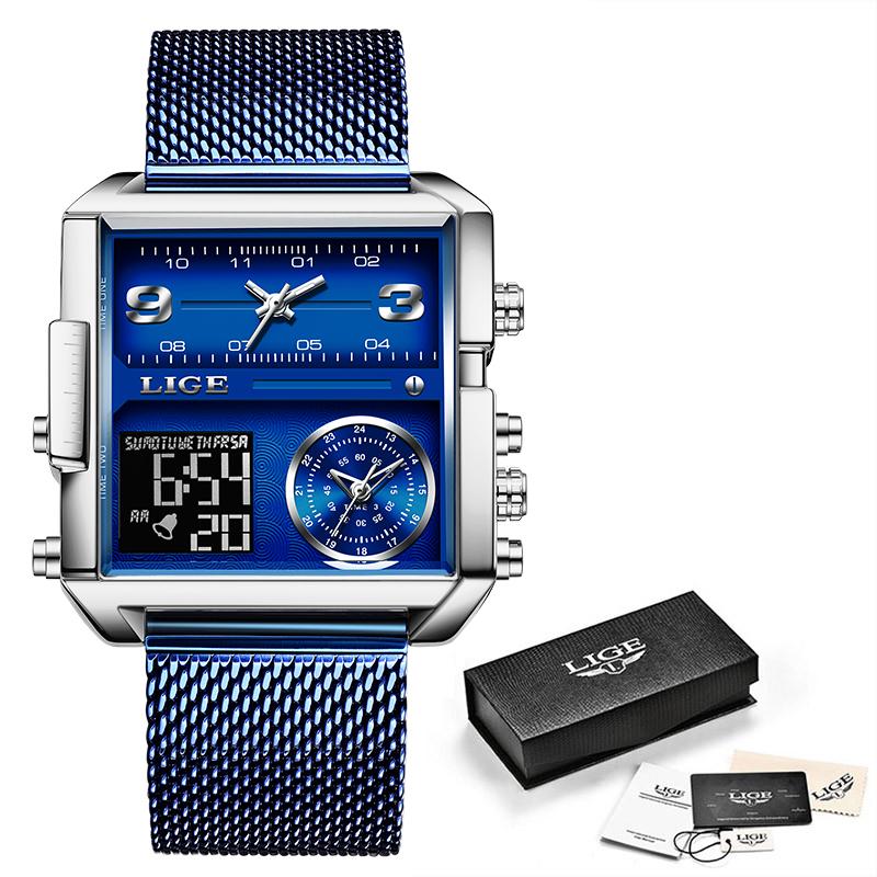 LIGE Fashion Black Steel Watch Men Digital Dual Display Watch Sports Chronograph Waterproof Quartz Wristwatch Men Military Watch