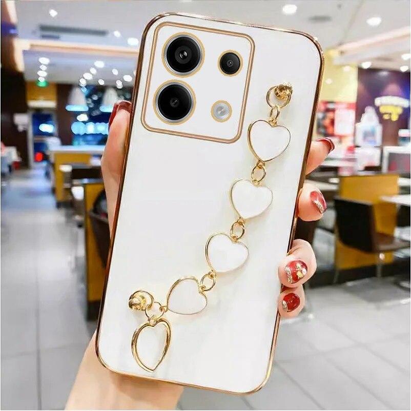Для POCO X6 Pro M6 Pro чехол с браслетом в форме сердца, чехол с цепочкой на запястье для Xiaomi Mi POCO F5 X5, гальванический противоударный мягкий силиконовый чехол для телефона
