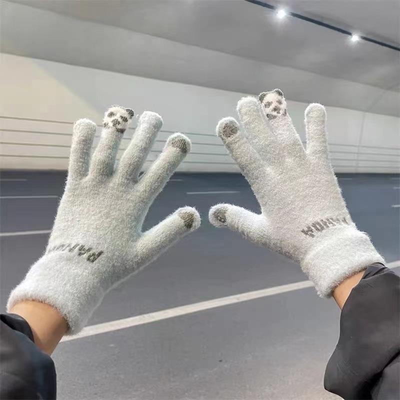 Милые плюшевые перчатки для женщин, утолщенные для тепла зимой, вязаные из шерсти с сенсорным экраном для езды на велосипеде, защищающие от холода для студентов зимой