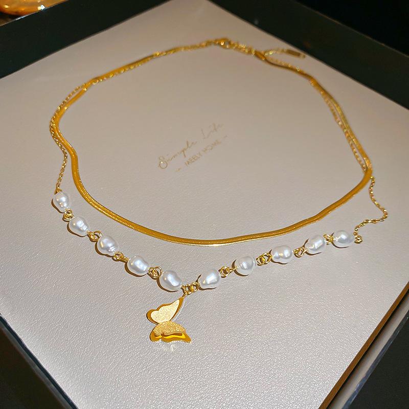 Korean temperament love butterfly pearl fringed necklace fashion collarbone chain versatile item decoration
