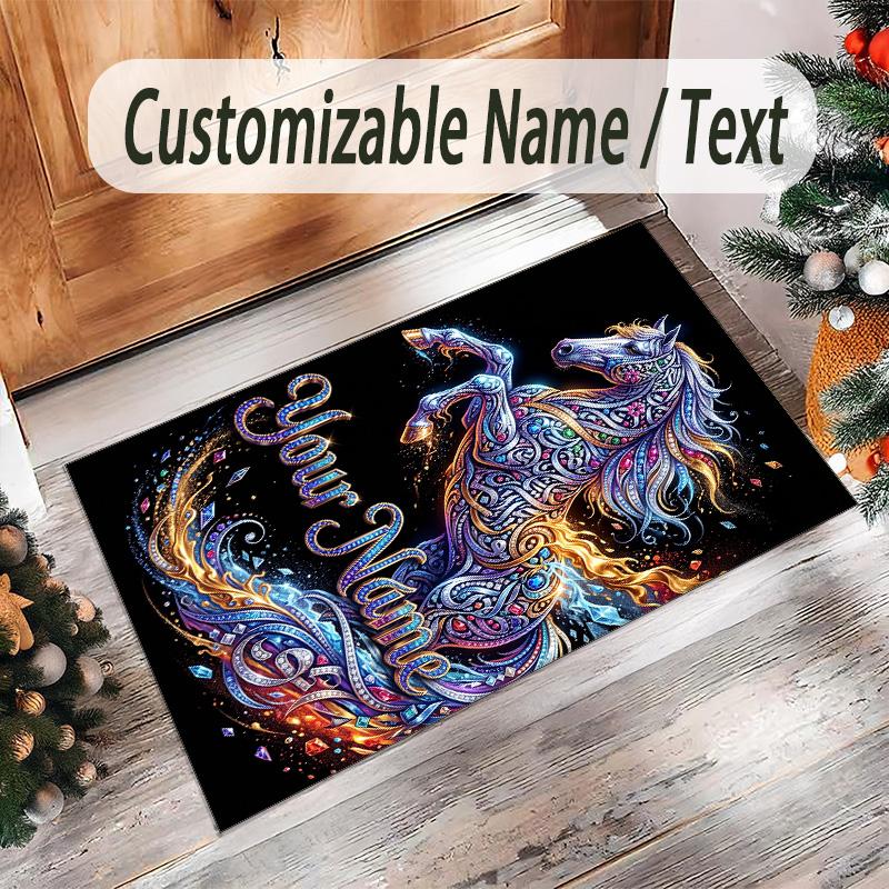 Horse Theme Crystal Velvet Floor Rug Personalized Custom Name Text Warm Carpet Home Decoration