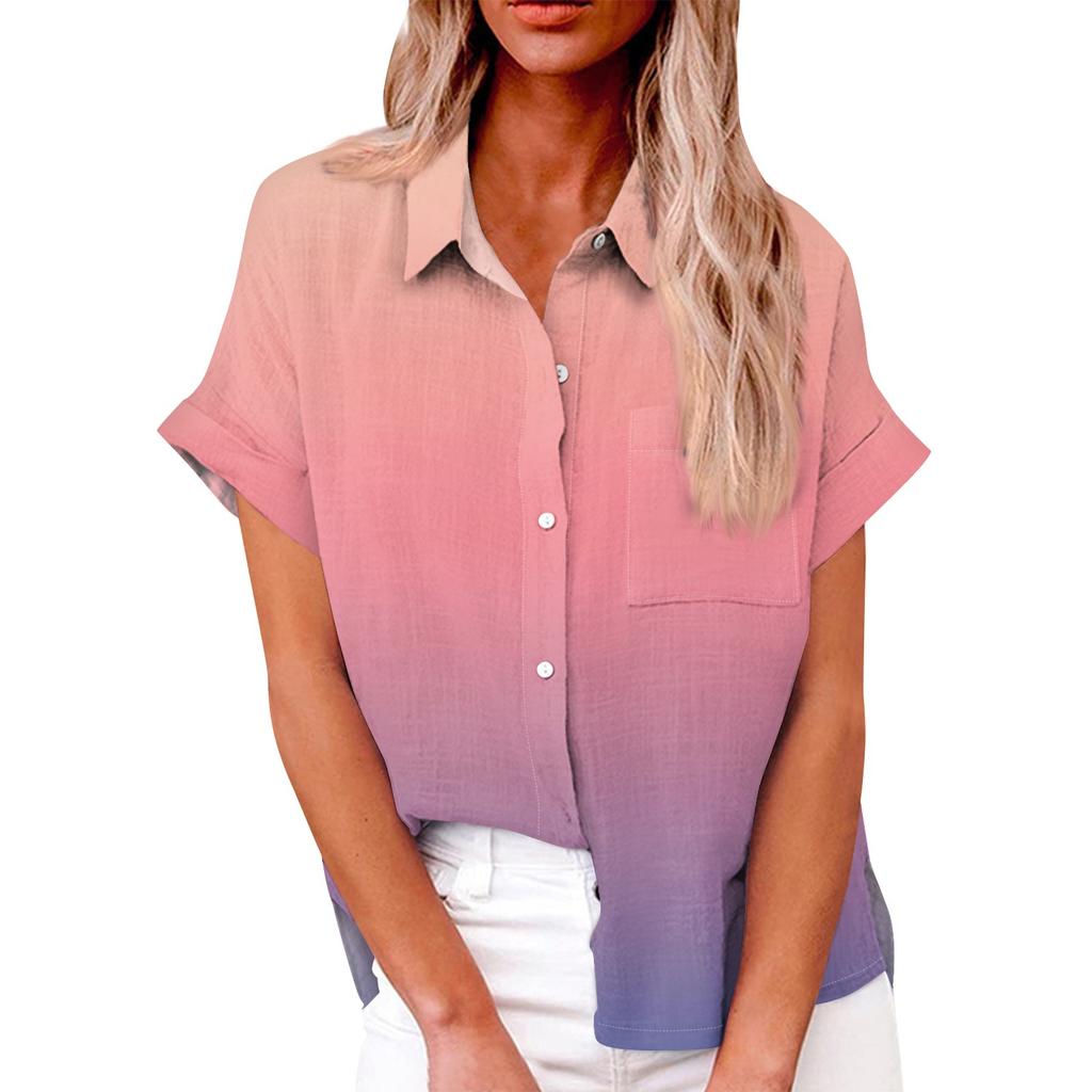 Женская свободная повседневная рубашка с короткими рукавами и пуговицами с градиентным принтом и карманами