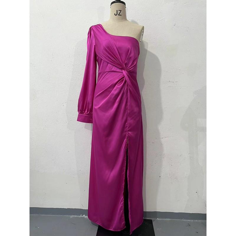 2026 Womens Slash Neck Raglan Sleeve Pleated Fitted Slit Sexy Long Dress