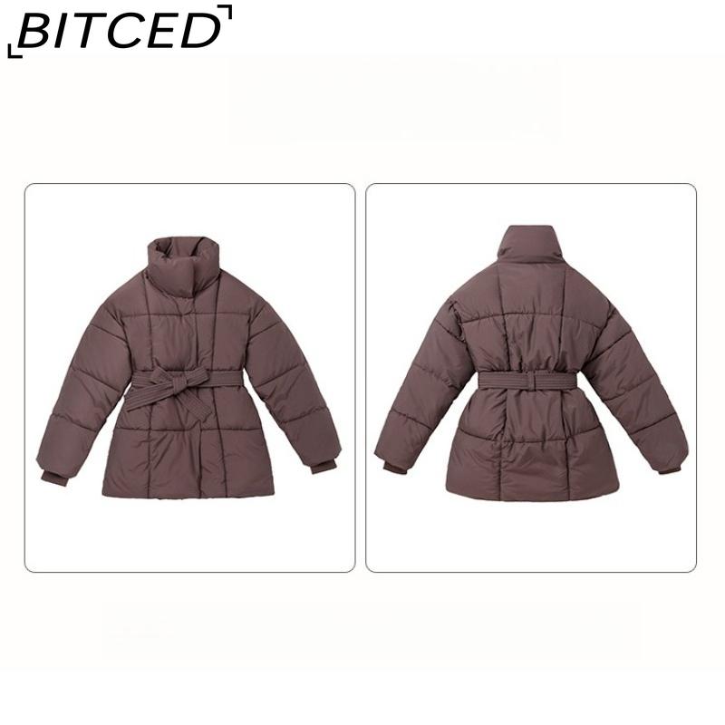 BITCED Укороченная хлопковая куртка Зимняя Свободного кроя Повседневная Теплая Стойка воротник С поясом Хлопковая куртка