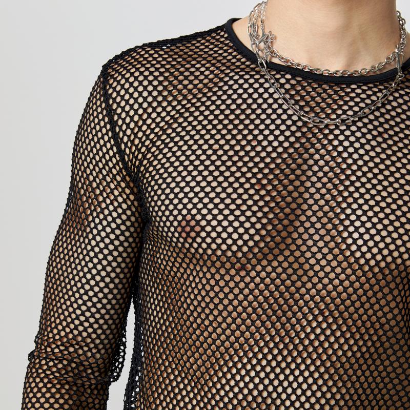 INCERUN Мужские сетчатые топы с длинным рукавом и узкими бретелями, прозрачные футболки