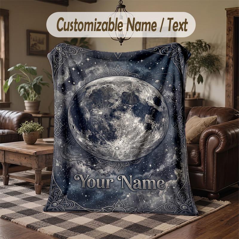 Moonlit Cat Dreams Theme Throw Blanket Custom Name Text Personalized Blanket Soft Cozy Blanket for Home Sofa Bed