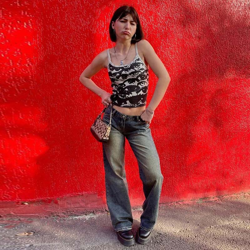 Футболка с готическим портретным принтом, эстетические укороченные топы Y2K, жилет с короткими рукавами, футболки в стиле Харадзюку, уличная одежда, белые подтяжки, женская одежда