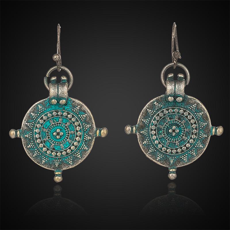 Этнические 1 пара, изысканные серьги в форме колеса с гравировкой, золотые, серебряные серьги с резьбой, висячие, неровности, для женщин и девочек, винтажные, Индия