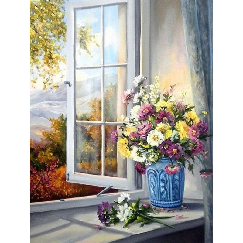 5D Алмазная картина Сиреневая вышивка Подсолнух Мозаика Дейзи Вышивка крестом Окно Домашнее искусство Настенный декор