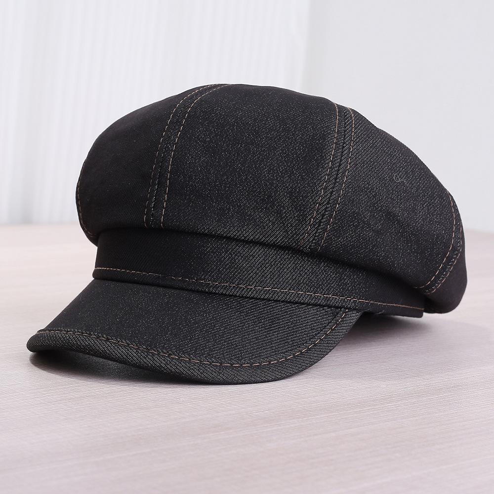 New simple denim octagonal hat women's big head circumference painter hat retro autumn and winter outdoor face newsboy hat