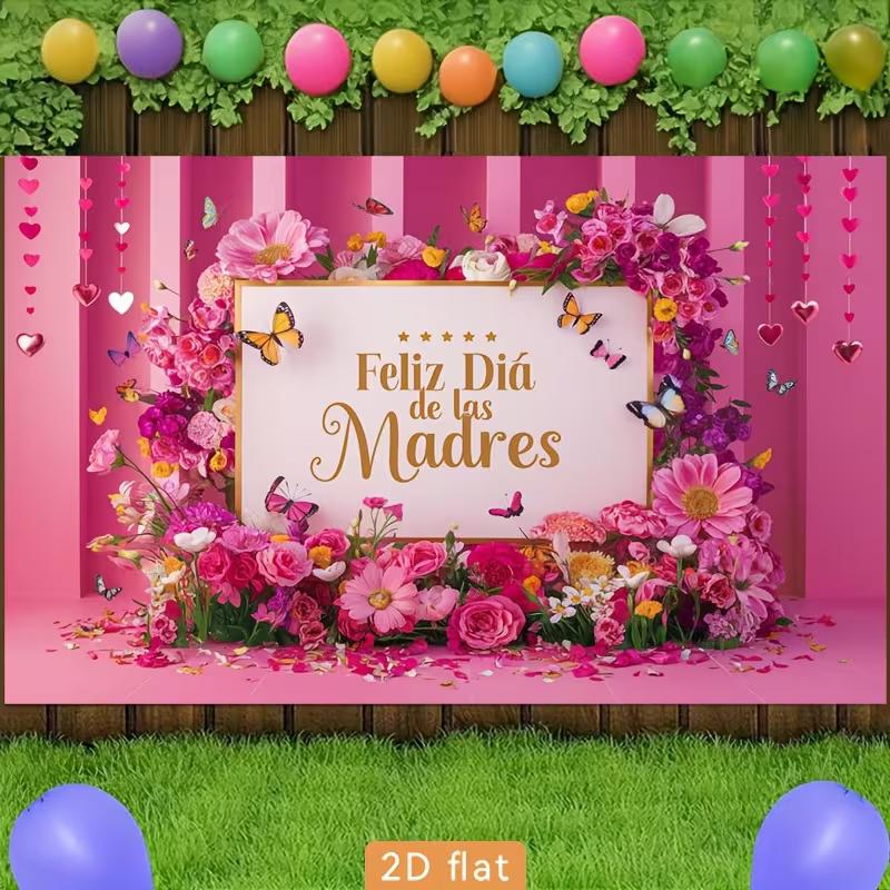2D Pink Floral Feliz Día de las Madres Backdrop, Photo Booth Background