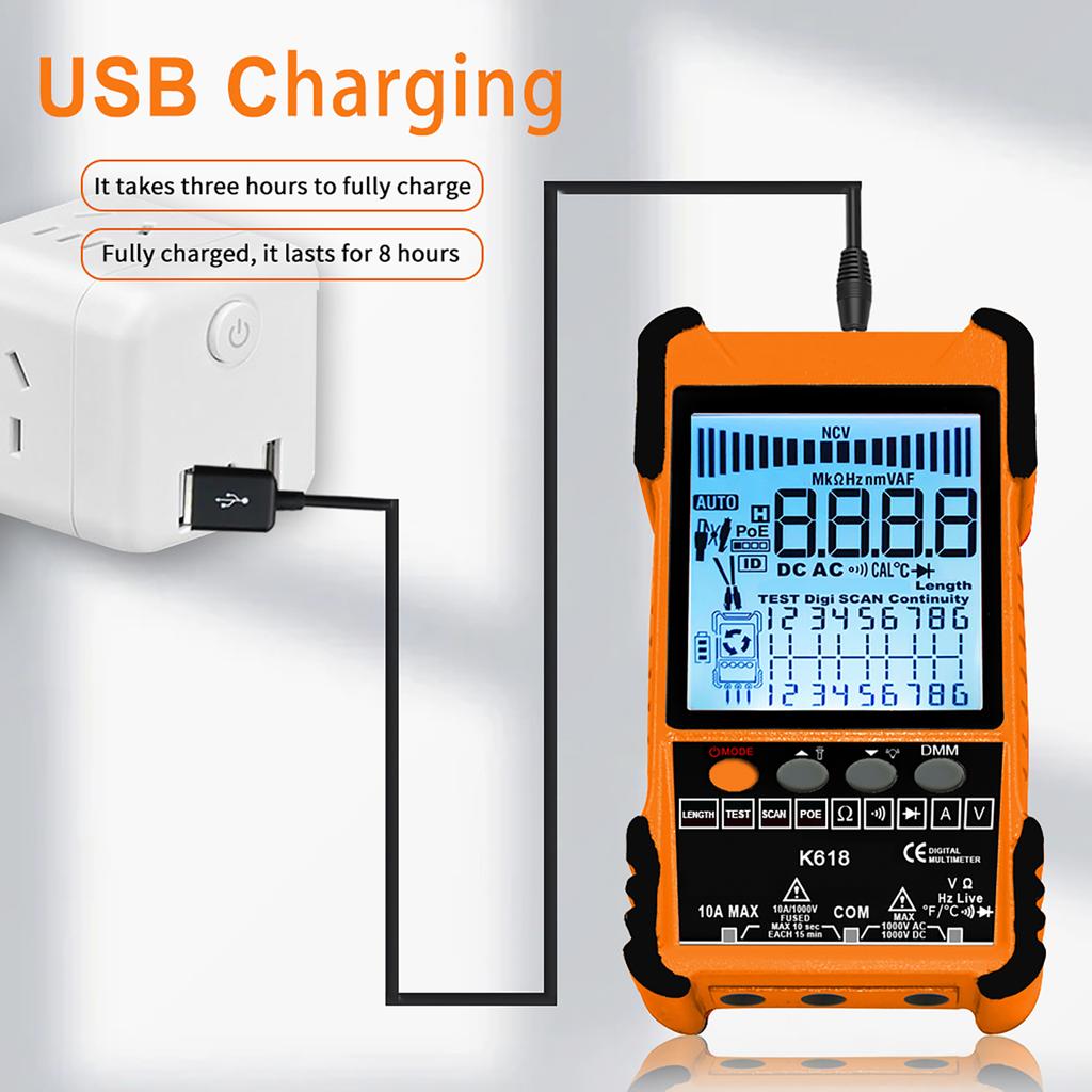 KKNOON K618 500M Handheld Portable Cable Tester with LCD Display Analogs Digital Search POE Test Cable Pairing ID