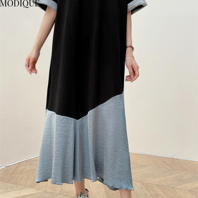 MODIQUE Summer Plus Size New Women Basic Loose Color Matching Patchwork Pleated Long Dresses Female Casual Short Roll-up Sleeve O-Neck Dresses
