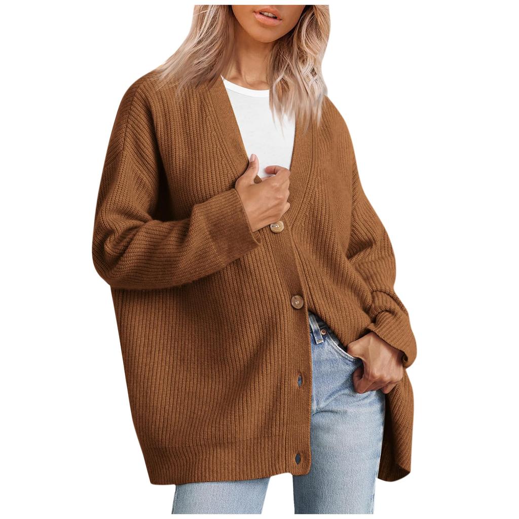 Women's Cardigan Front Oversized Button Lightweight Sweater V Neck Loose Cardigan Knitted Jacket
