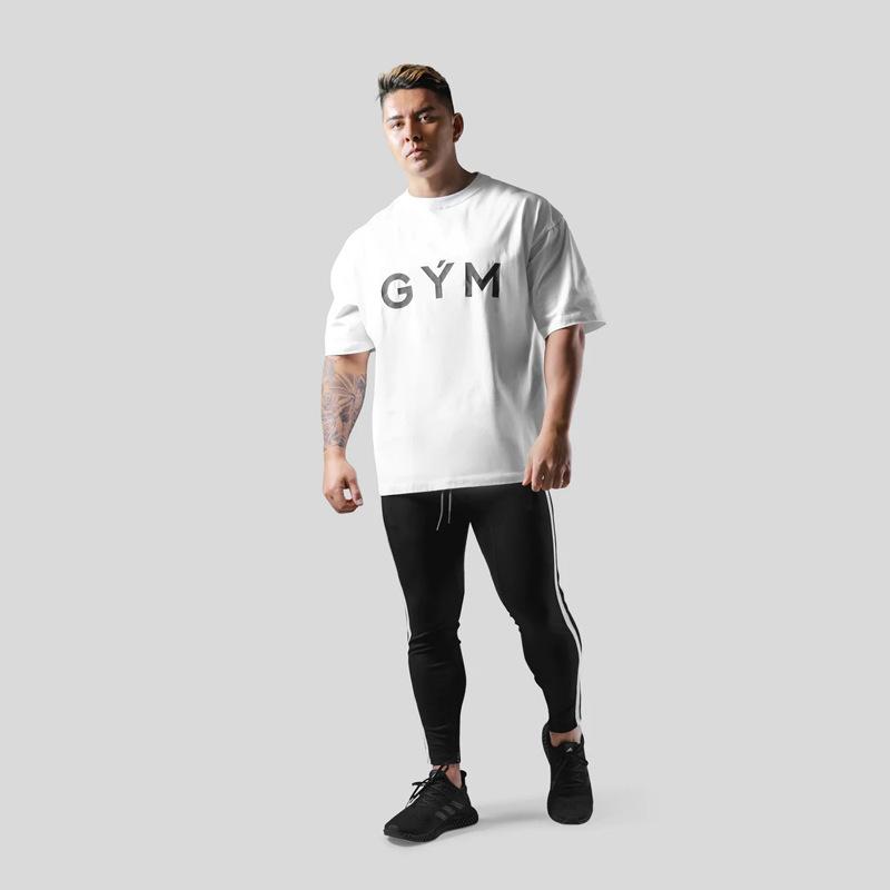 GYM Summer New Muscular Fitness Brother Sports Unisexs Short Sleeve Tshirt Loose Basketball Large Size Round Lead Step Top