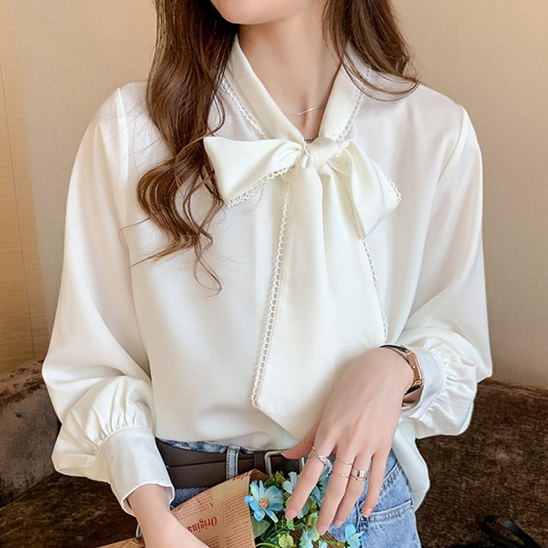 Spring 2025 New Women Blouses Shirts Long Sleeve Bow Collar White Chiffon Blouse Shirt Women Tops J766